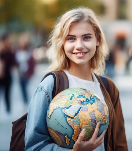 Student holding a globe on a university campus